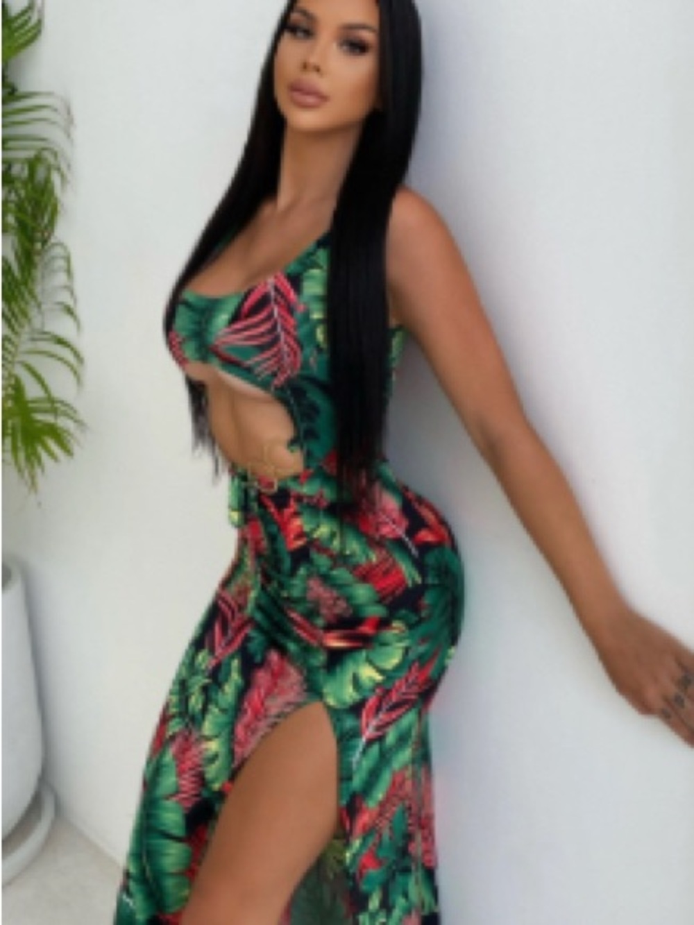 Fashion Nova Tropical Cutout Maxi Dress in Green & Pink